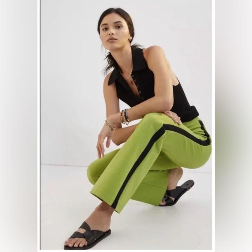 Anthropologie Maeve Ponte Flare Lime Green Flare Pants w/ Black Stripe